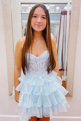 A-Line Corset Pink Homecoming Dress Lace Tulle Ruffles Sweetheart